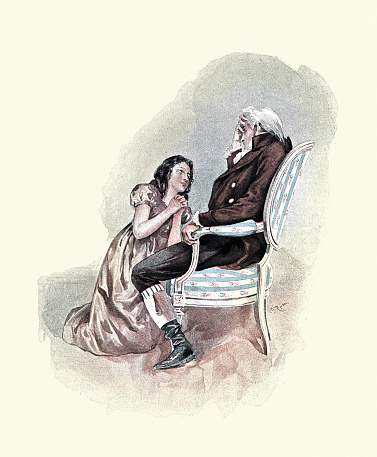 Vintage illustration Daughter pleading with her father, French, 18th Century style