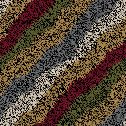 Seamless abstract fur pattern. Multicolored diagonal stripes in green, red, and yellow on black background. Rug modern design. Striped hairy texture. Vector image for textile, wrapping, print, and web.