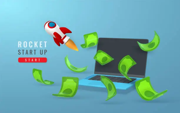 Vector illustration of Cute cartoon start up banner with laptop, rocket and money. Vector illustration