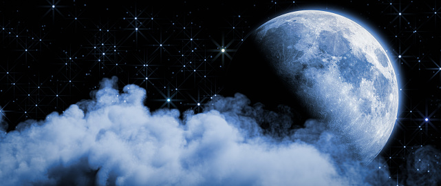 Night sky with full moon, clouds and stars