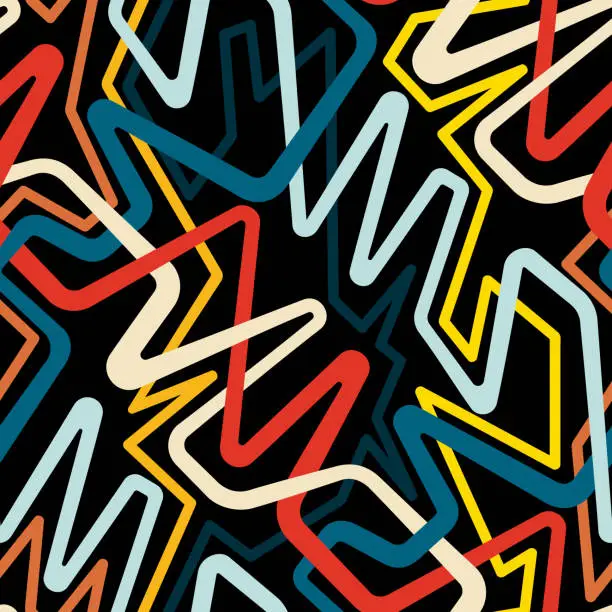 Vector illustration of Seamless geometric pattern with multicolored tangles lines on black background. Graffiti style. Vector illustration.