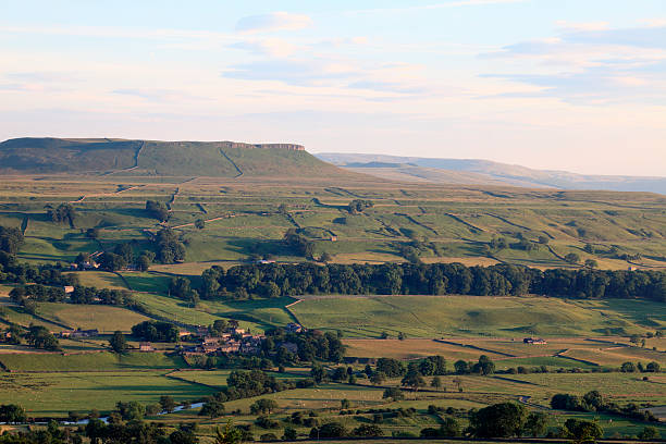 A view looking south over the River Wharf and Wharfedale, in the Yorkshire Dales, North Yorkshire.