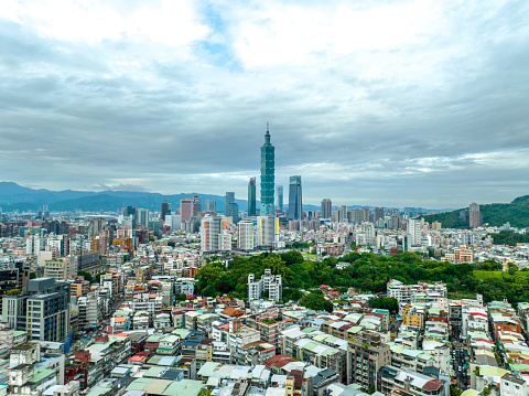 Aerial view of Taipei's skyscrapers and cityscape, Taiwan