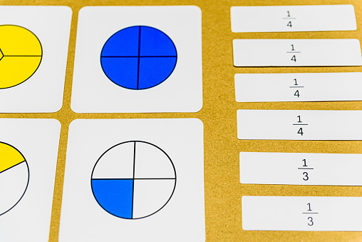 In montessori pedagogy, mathematics in various ways can be taught in the classroom, fractions with illustrative letters. Also for home schooling.