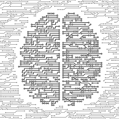 This imagery provides an insightful top view of an innovative black circuit board, specifically designed to replicate the intricate structures of a brain, and is meticulously framed by detailed gray circuitry. The contrast between the central black brain-shaped circuit and the surrounding gray circuits offers a symbolic representation of the convergence of technology and neuroscience, emphasizing the advanced and multifaceted nature of modern computing in understanding and emulating human cognitive processes and neural networks. The meticulous design and detailed framing serve as a metaphor for the seamless integration and symbiotic relationship between biological intelligence and artificial technology.
