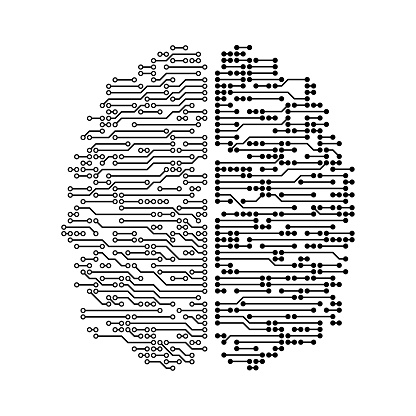This intriguing image offers a top view of a circuit board meticulously crafted to resemble the human brain, with particular emphasis on the unique wiring patterns of its left and right hemispheres. This vivid portrayal serves as a metaphor for the dichotomy between logical and creative thought processes, symbolizing the intricacies and complexities of neural circuitry and cognitive functions. The differing wiring patterns on each side emphasize the conceptual differences between the analytical and artistic aspects of the brain, creating a striking representation of the convergence between neurology and technology.