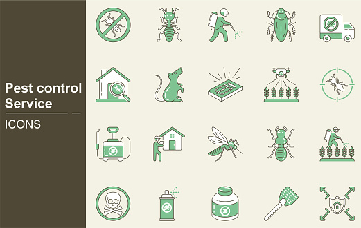 Pest control service icon set. insect, warning sign, extermination, bug, pesticide, insecticide, service, spray, rat, termite, drone, Anti pest control ban, prohibit signs of cockroaches, mosquitoes.