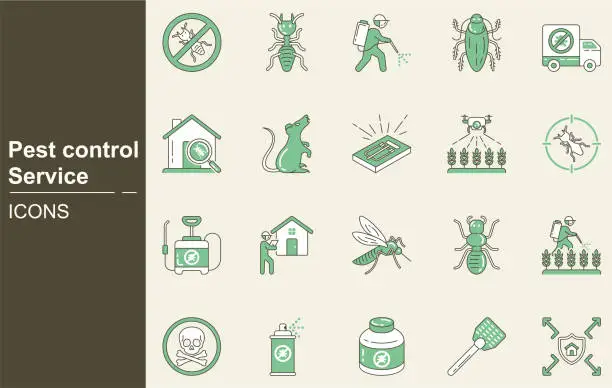 Vector illustration of Pest control service icon set. insect, warning sign, extermination, bug, pesticide, insecticide, service, spray, rat, termite, drone, Anti pest control ban, prohibit signs of cockroaches, mosquitoes.