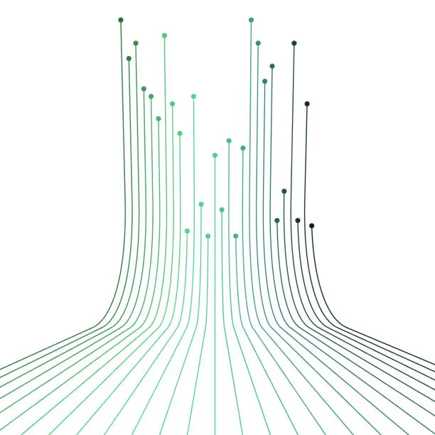 Vector illustration of A dynamic and visually striking 3D image illustrating parallel green wires or fibers extending along the floor before ascending in unison up a wall, showcasing perspective and connectivity.
