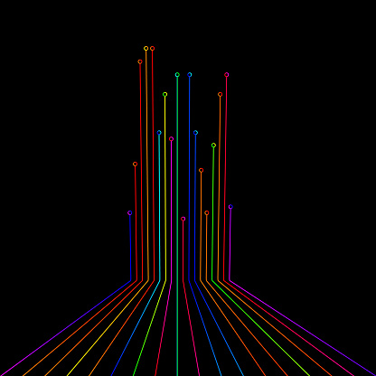 This illustration provides a dynamic 3D perspective of vibrant and multicolored connection wires and fibers, meticulously arranged in parallel lines on the floor and extending upwards along the wall. The diverse shades of the wires and fibers add a lively and detailed essence to the visual representation. It embodies a harmonious blend of technology and art, illustrating the conceptual elements of connectivity, network, and data communication. This piece is a vivid depiction of the interplay between different components in a connected environment, making it suitable for representations related to technological advancements, electronic design, and the digital realm.