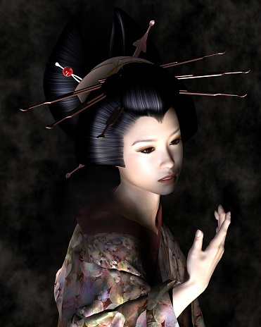 Portrait of a beautiful young Japanese woman wearing a kimono in mysterious shadowed lighting, 3d digitally rendered illustration