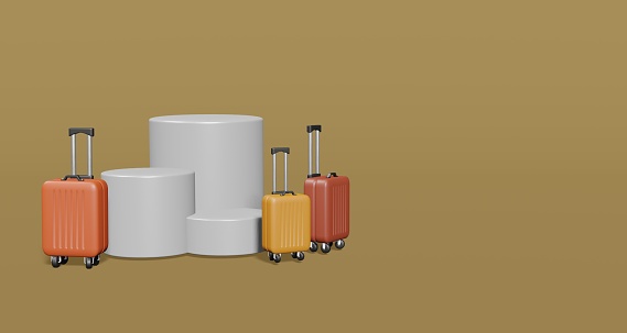 Podium showcase with baggage 3D rendering in clear background for marketing, mockup, promotion, background and shopping content.