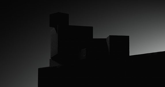 An abstract configuration of concrete blocks scattered haphazardly in total darkness.
