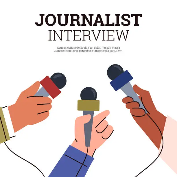 Vector illustration of Journalist interview poster with text, flat vector illustration on white background.