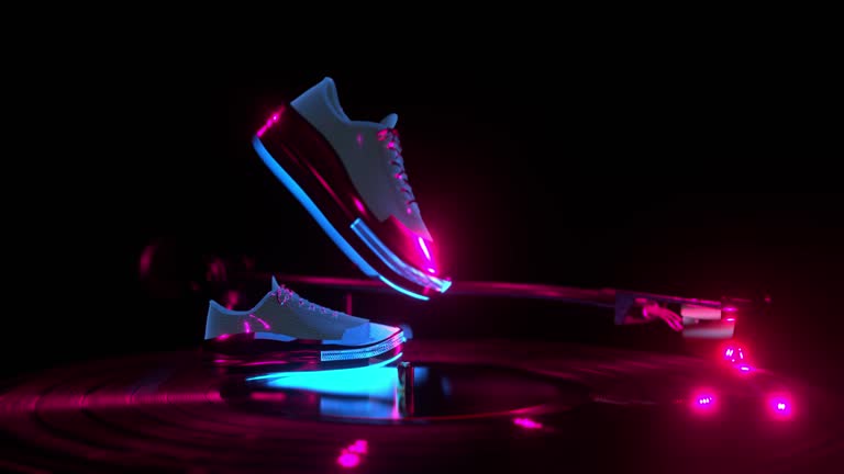 dancing abstract shoes, with neon light, on a vinyl record player, beautiful background for music