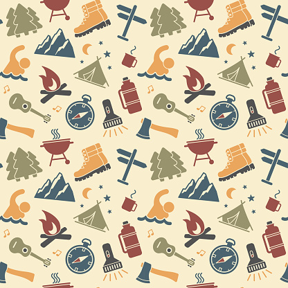 Seamless background of flat hiking and outdoor recreation symbols. Vector pattern