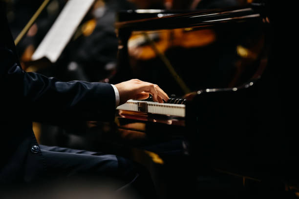 Pianist playing a piece on a grand piano at a concert, seen from the side. Pianist playing a piece on a grand piano at a concert, seen from the side. pianist stock pictures, royalty-free photos & images