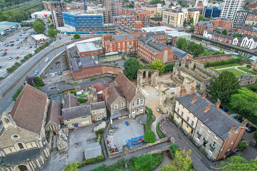 amazing aerial view of the downtown and Reading Abbey Ruins of Reading, Berkshire, UK, daytime morning