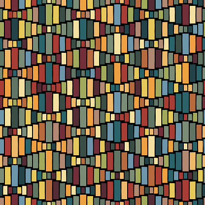 Colorful geometric composiotion with horizontal wavy lines in mosaic style. Rectangular tiles in yellow, green, blue, and red on a black background. Multicolored texture. Seamless repeating pattern.