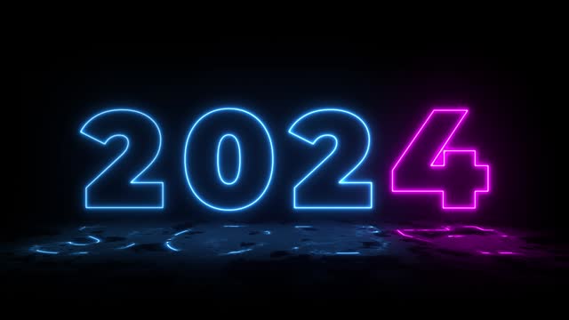 Blue illuminate digits 2023-2024 years design with wet floor and neon glow. Abstract cosmic vibrant color backdrop. Glowing neon Congratulation Happy New Year 2024. Futuristic style loop tunnel