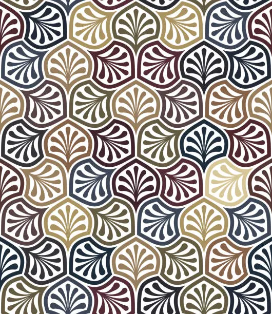 Vector illustration of Seamless abstract pattern with multicolored geometric shapes and floral elements on a white background. Textile texture.