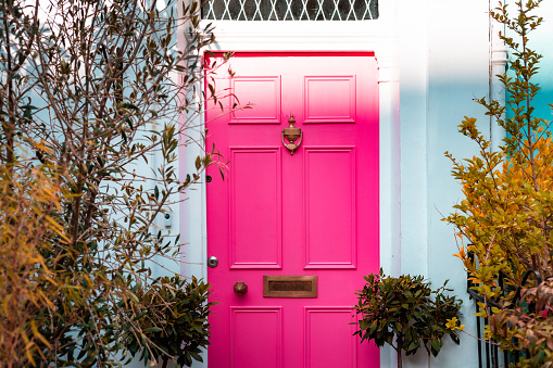 Vibrant pink front door of a residential house in the city of London.