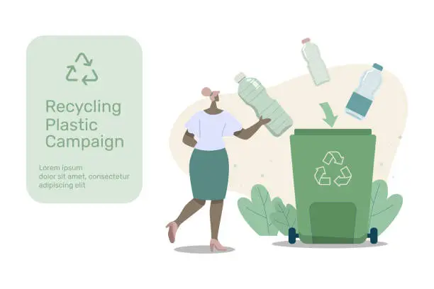 Vector illustration of Eco friendly sustainable, Recycling plastic campaign, Characters throw plastic bottles into the recycling bin, recycle, reduce, reuse, Vector design illustration.