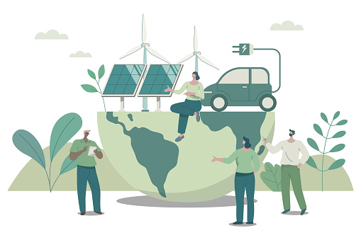 Eco friendly sustainable, Wind turbine and Electric car charging station conserves nature, Clean green energy from renewable sources concept.
 Vector design illustration.