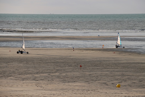 On August 30th 2023, Saint Aubin Sur Mer, France. During the last week of summer holidays in France, tourists enjoy the beach activities at the alabaster coast in Normandy
