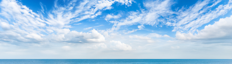 Beautiful blue sky background with tiny clouds.Panorama