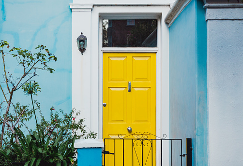 Color image depicting the exterior of a building on a traditional city street in London, UK. The house has a pretty yellow door which is surrounded by lush foliage.