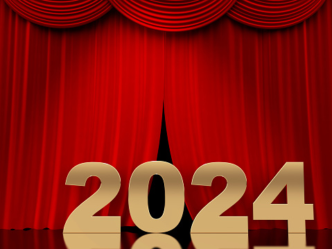 Golden 2024 label on red curtain background