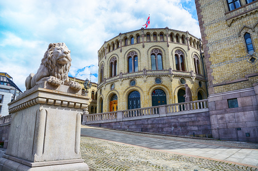 Exterior of the Parliament of Norway building, Oslo. Composite photo