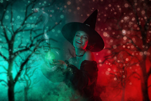 istock Image drawing banner collage of bad character lady doing witchery elixir bottle in haunting mist woods 1709805103