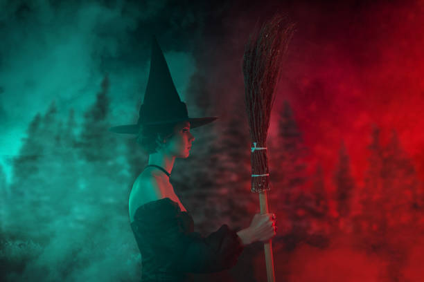 istock Banner image collage of mysterious lady witch holding broom stick flight magic dark woods mist on green red lights 1709807112