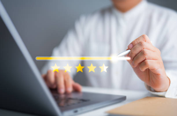istock Customer satisfaction survey concept. Hand drags scroll bar for rated 5-star service or product evaluation experience. Client review quality of services leading to business reputation ranking score. 1709813304