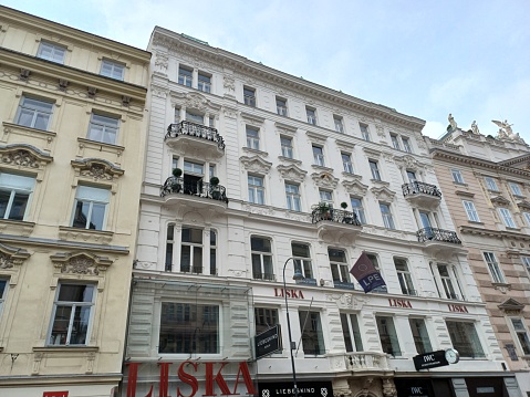 Vienna, Austria - June 8, 2023: Cityscape in center of Vienna city with many buildings and stores.