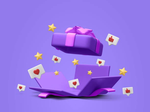 istock 3d realistic open gift box with thumbs up, hearts and stars. Vector illustration 1709813353