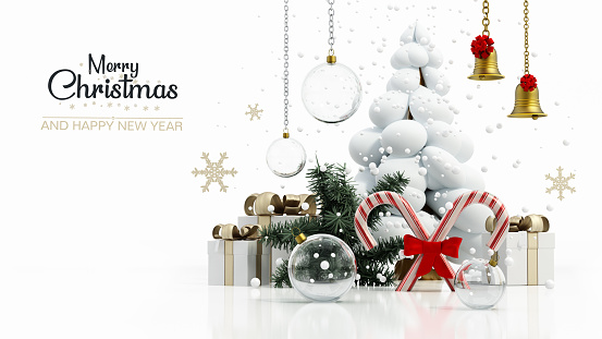 Merry Christmas And Happy New Year text on white background decorated with ornaments and Christmas decors. Christmas and new year concept.