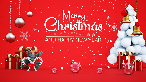 Merry Christmas And Happy New Year text on red background decorated with ornaments and Christmas decors. Christmas and new year concept.