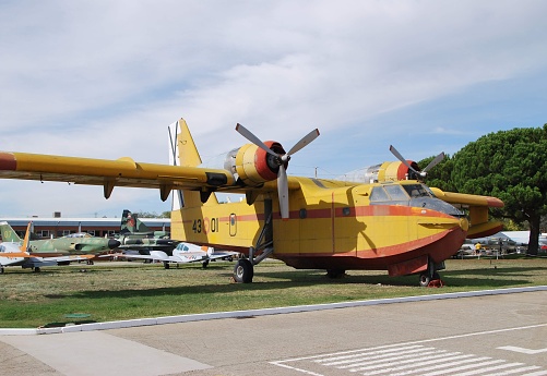 July 7, 2023, Salamanca (Spain). The Canadair CL-215 (Scooper) is the first model in a series of flying boat amphibious aircraft designed and built by Canadian aircraft manufacturer Canadair, and later produced by Bombardier.