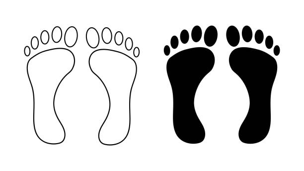 Human footprints. Bare feet. A pair of human feet, left and right. Silhouette, outline. Black and white vector isolated on white background. Icon, symbol, pictogram. For print, design element Human footprints. Bare feet. A pair of human feet, left and right. Silhouette, outline. Black and white vector isolated on white background. Icon, symbol, pictogram. For print, design element. blurred motion people walking stock illustrations