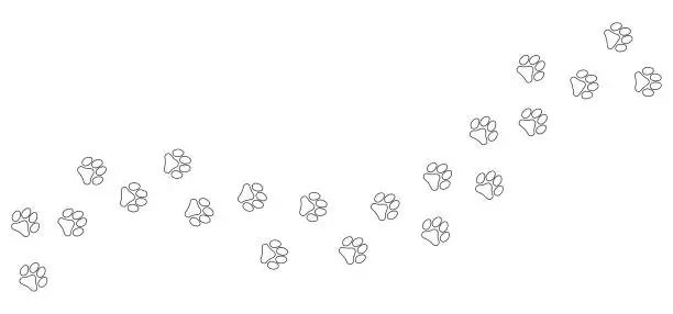 Vector illustration of Track of paw footprints from a cat, tiger, lion, jaguar, panther, leopard, snow bars, cougar, cheetah, felines. Silhouette diagonal track. Vector. pet shop, textiles, print clothes, web design.