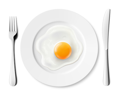 Plate with delicious fried egg and stainless steel cutlery, fork and knife, isolated on white background. Realistic 3D vector illustration. delicious breakfast, top view.