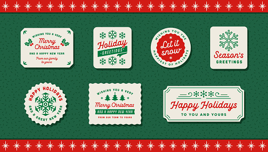 Group of Holiday, Christmas badges and labels. Mid-century style Christmas greetings. Vintage inspired Christmas printables.