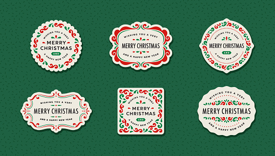 Group of Christmas badges and labels. Mid-century style Christmas greetings. Vintage inspired Christmas printables.