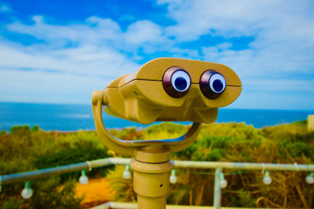 A young boy dressed in business suit and tie looks through a telescope in the afternoon sun while above an outcropping above the surf in California. This young entrepreneur is ready to take his new business to new heights.