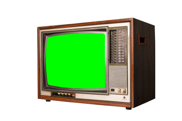 istock Retro old television with chroma key green screen for designer. Antique TV, old technology, side view 1709862967