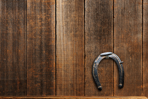 An old horseshoe hangs on a roughly textured wall of a barn.