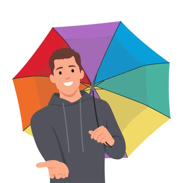Vector illustration of Young man smiling happily with friendly and offering and showing a concept. umbrella concept.